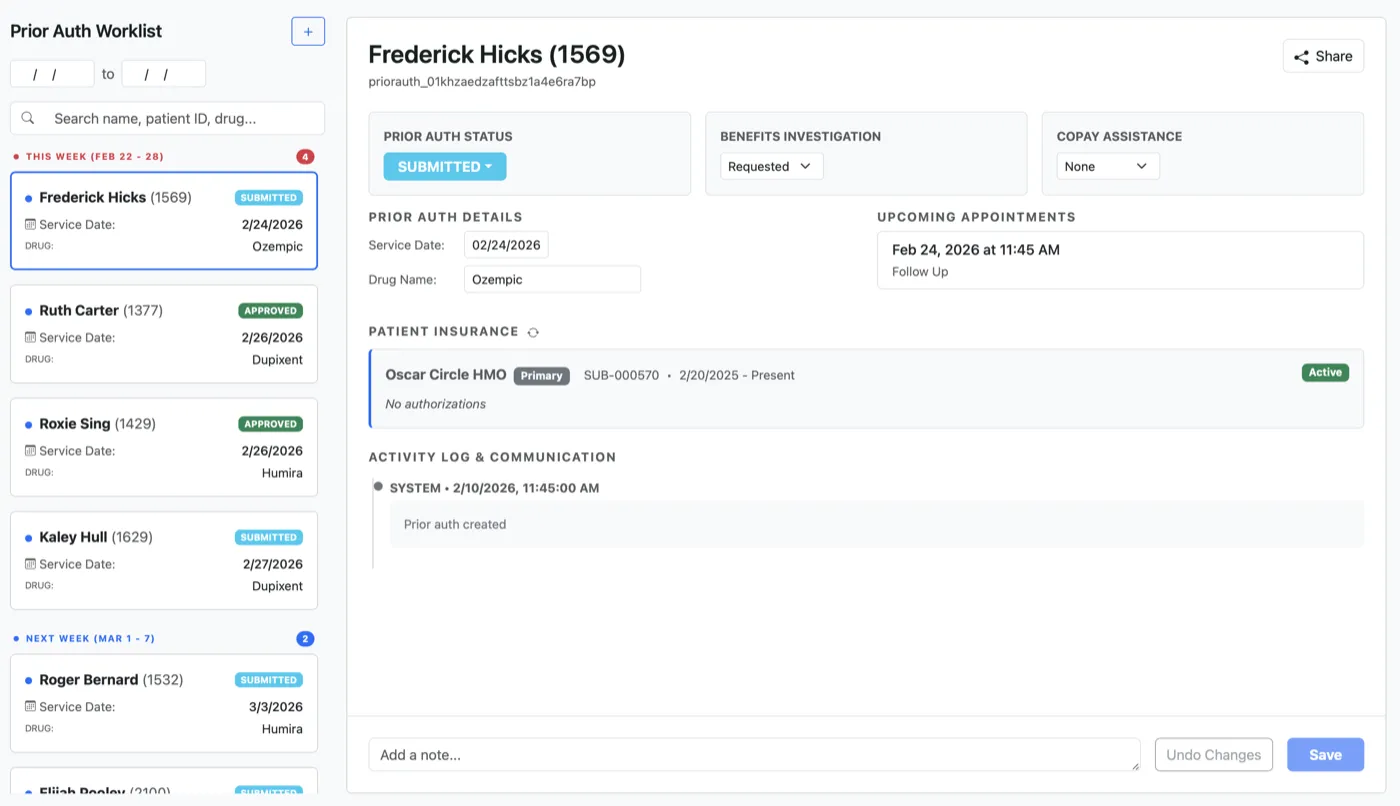 Prior auth dashboard and status tracking