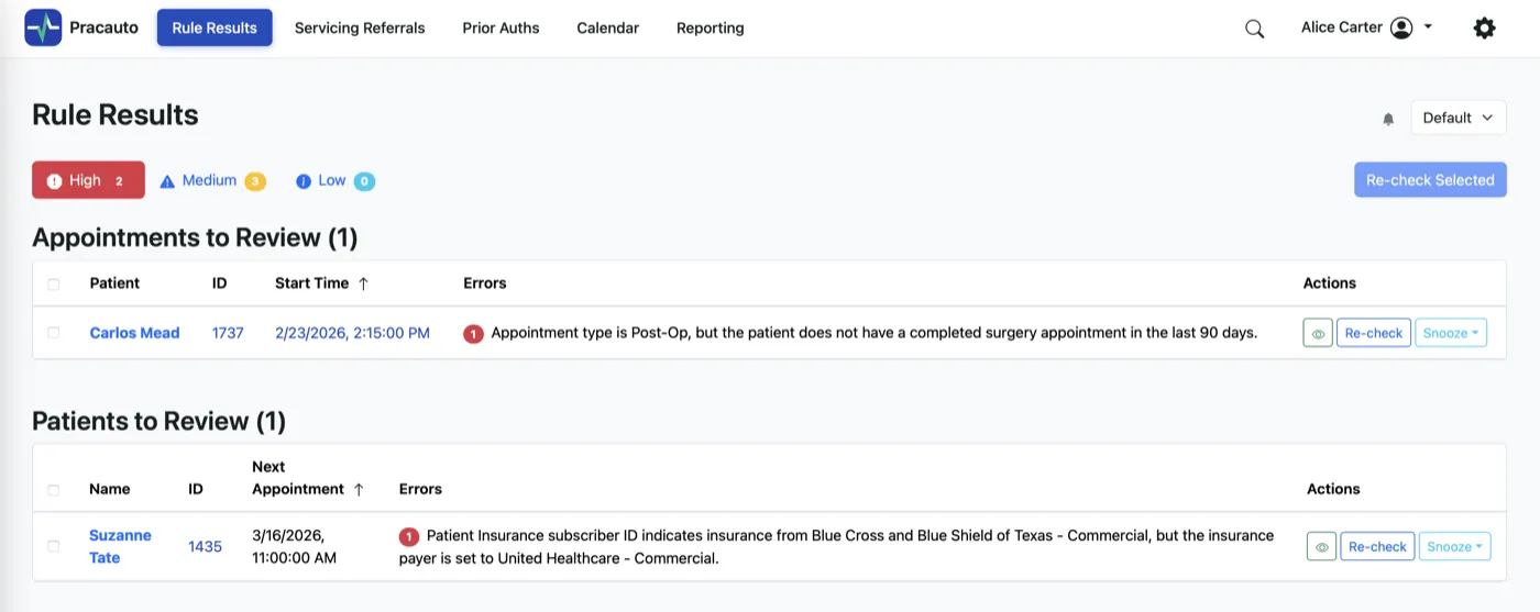 Rule results board with policy check findings